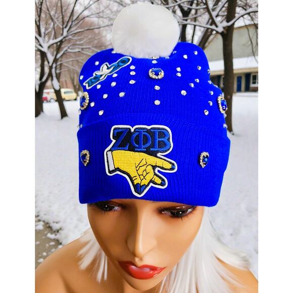 Zeta Phi Beta Blue Beanie design with logo & rhinestones and white pompom - Picture 4 of 5
